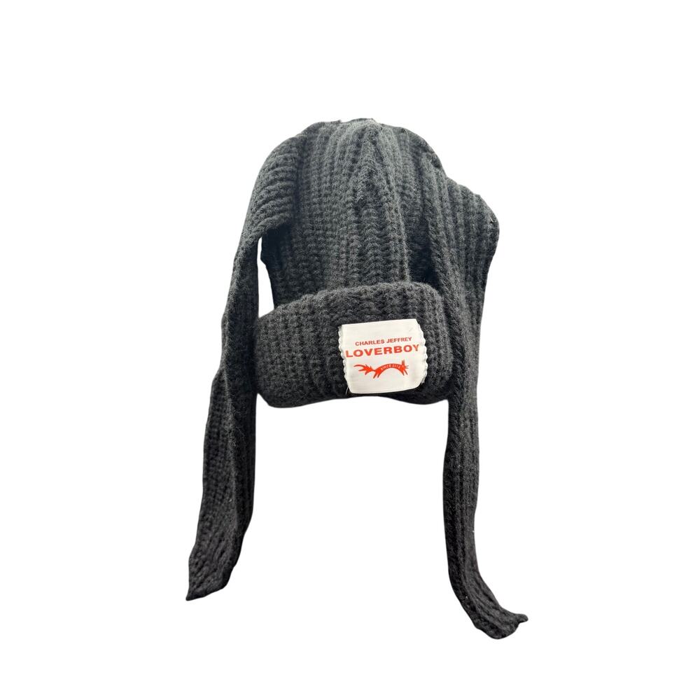 Charles Jeffrey Loverboy Chunky Ears Beanie Black Knit Logo Hat